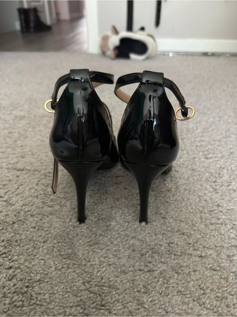 Black Patent Pointed Toe Crisscross Ankle Strap Heels